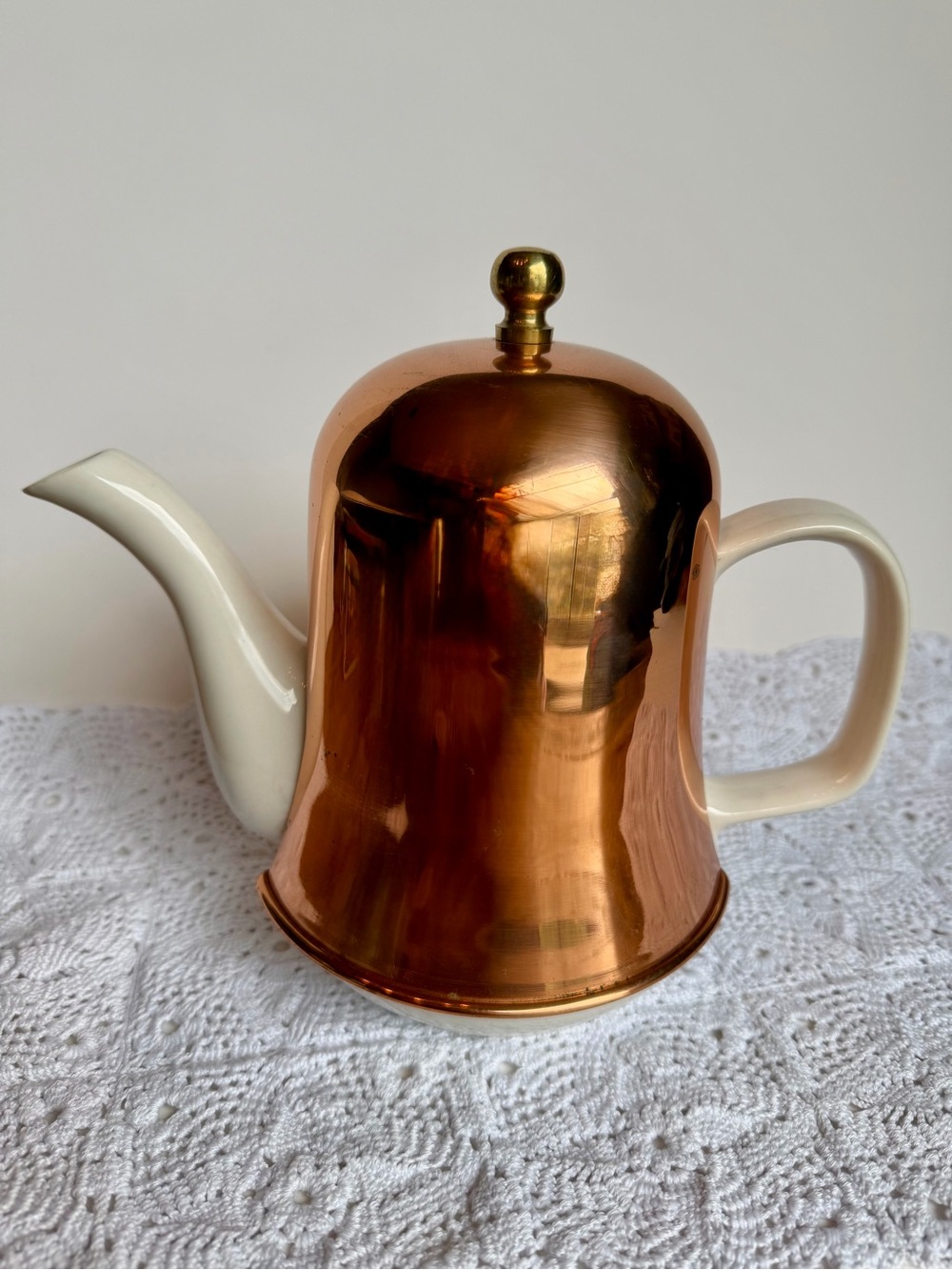 Vintage Copper Tone Tea Pot Warmer Cozy Ceramic Teapot Brass Finial Korea